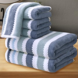 Waffle Towels for Bathroom - Cotton | Quick Dry | Thick | Lightweight | 540GSM, 2 Large Bath 30"x56", 4 Hand 16"x27", Luxury Shower Towel with Hanging Loops, Blue Gray Striped and White Checkered
