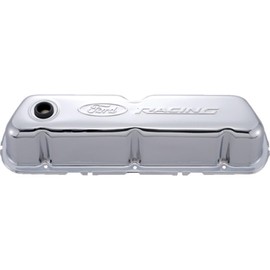 Ford Valve Cover, Stock Height, Baffled, Breather Hole, Ford Racing Logo, Steel, Chrome, Small Block Ford, Pair