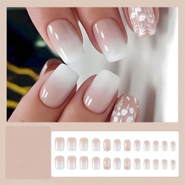 RUOKEXIN Spring Nail Press ons White Press on Nails Medium Square Fake Nails with Glue Nude Ombre Acrylic False Nails with Flower Designs Glossy Artificial Fake Fingernails Stick on Nails for Women