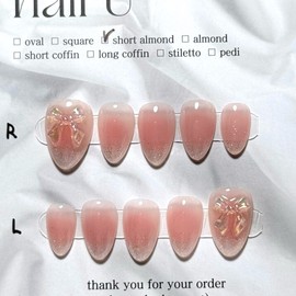 Wedding Cheek Ribbon Handmade Nail Tips - Short Coffin / 웨딩 치크 리본 수제네일팁 - 숏 코핀
