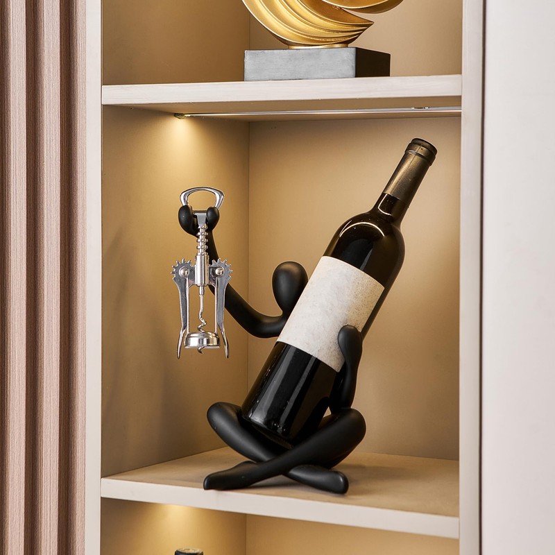 FJSPERM Thinker Statue Wine Rack, Black Modern Rack for Kitchen