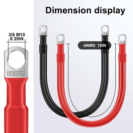 Zrigiwr 4AWG 15-Inches Battery Cables Set, (1 Positive & 1 Negtive) with 3/8" M10 Lug Terminals, jumper cables with battery pack, Battery Cable for Car, Truck, Solar, Marine, Lawn Mower, RV