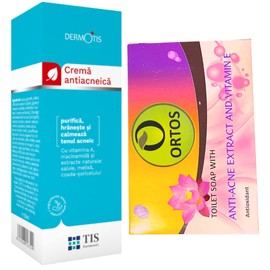 Set Anti-Akne-Gesichtscreme, Pickel, vergrößerte Poren, Mitesser, reguliert Talg, beseitigt Unreinheiten 50g + Anti-Akne-Seife und Vitamin E, Fettige, Akne-Haut, hilft bei Akne-Narben 100g