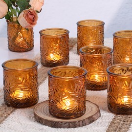 HAVITI 24 pcs Amber Votive Candle Holders, Tea Light Candle Holders for Wedding Centerpieces,Glass Candle Holders for Home Decoration Thanksgiving Christmas Party Supplies