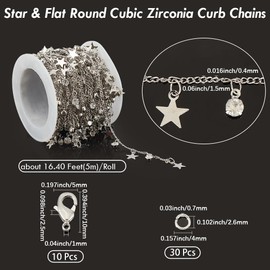 Beebeecraft 1 Roll 16.4 Feet Cubic Zirconia Curb Chains 18K Gold Plated Brass Adjustable Jewelry Chain with 30Pcs Open Jump Ring and 10Pcs Lobster Claw Clasps for Women