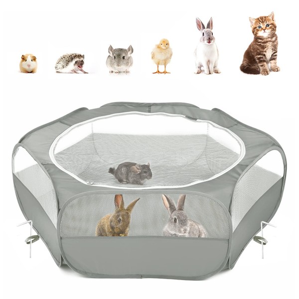 Pawaboo Small Animal Playpen, Foldable Playpen with Zipper for Pet, Cages, Tent Exercise Fence, Transparent Breathable for Dogs, Cats, Rabbit, Grey