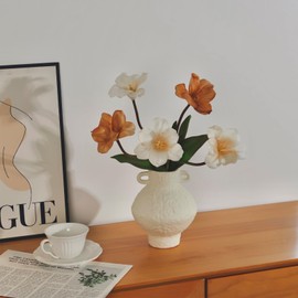 Vintage Style Ceramic Vase with Handles, White, 15x15x18cm, Textured Surface