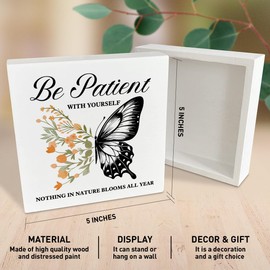 Therapy Office Desk Wooden Box Sign Decor, Mental Health Wood Box Sign Decorations for School Psychologist Therapy Office, Gifts for Therapist Psychologist School Counselor, Be Patient with Yourself