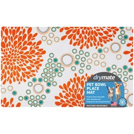Drymate Pet Bowl Placemat, Dog & Cat Food Feeding Mat - Absorbent Fabric, Waterproof Backing, Slip-Resistant - Machine Washable/Durable (USA Made) (12” x 20”) (Rejuvenation Orange & Turquoise)