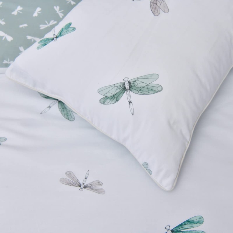 Sleepdown Dragonfly White Green Reversible Duvet Cover Quilt Pipe Edge