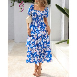 BTFBM Womens Square Neck Smocked Dress Summer Puff Short Sleeve Floral Casual Ruffle Tiered Maxi Wedding Guest Dresses(Floral Blue White, Medium)