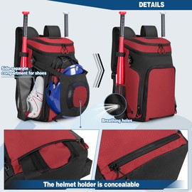 Smasrob Baseball Bag for Adult and Youth, Baseball Backpack Softball Bag with Helmet Holder, Shoe Compartment and Fence Hook, Red