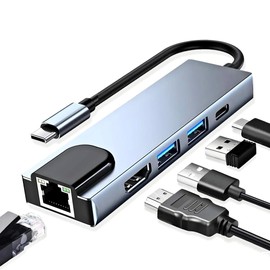 Kyrotech 5İN1 Type-C (USB-C) HDMI Hub ve RJ45 LAN (Ethernet) Adaptörü: 4K (1080p) HDMI, 2 x USB 3.0 ve Type-C USB Port Çoklayıcı Çevirici