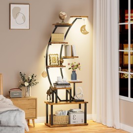 BECOKOME Display Shelf with Lights, Corner Shelf Stand, 63" Tall Bookshelf, 9-Tier Bookcase for Collectibles, Half-Moon Corner Display Book Shelves for Bedroom Living Room Home Decor Rustic Brown