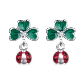 Qings Sterling Silver 925 Flower Earrings for Women Four Leaf Clover Daisy Yellow Purple and Silver Stud Earrings with Cubic Zirconia St Patrick's Day Gifts for Women and Girls, Sterling Silver, Cubic