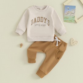 Himllauen 2 Pcs Baby Boy Girl Autumn Winter Outfits Newborn Letter Print/Contrast Color Long Sleeve Round Neck Sweatshirt+Solid Color Pants Set Toddler Pants Suits (Brown, 12-18 Months)