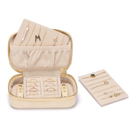 HISCOW Vegan Leather Travel Jewelry Case with Zipper - Portable Necklace & Earring Holder Organizer for Women Girls, Velvet-Lined Ring Box with Anti-Tarnish Design, Cream