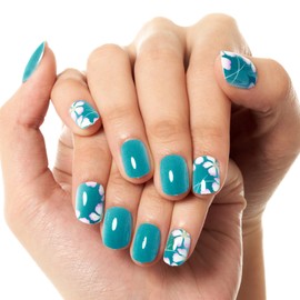 GLAMERMAID Press on Nails Extra Short Squoval, Spring Peacock Blue Flower Glue on Nails with Cherry Blossom, 24Pcs Floral Round Reusable UV Finish Fake Nails Acrylic False Nails Kits for Women Gift