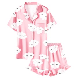 Umeyda Girls Satin Silky Collar V Neck Ruffle Short Sleeve Top and Shorts Sleepwear PJs, Pink Eyelashes, 13-14 Years