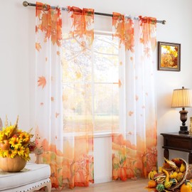 youleyar Fall Sheer Curtains for Living Room 96 Inches Long 2 Panels White Semi-Sheer Curtain with Pumpkin&Maple Leaves Printed Pattern Fall Rod Pocket Voile Drapes for Bedroom, 52" W x 96" L