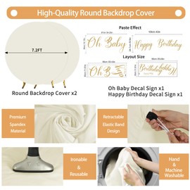 Gallety 2 Pcs 7.2 FT Ivory Round Backdrop Cover for 5 to 7.2ft Circle Arch Stand with Oh Baby and Happy Birthday Decal Sign - Arch Backdrop Cover for Wedding Party Photography Decoration
