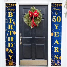 Happy Birthday Door Banner Party Decorations,Birthday Door Porch Sign Banner for Boys Girls Women Men Birthday Party Indoor Outdoor Decor Supplies (Navy blue-50th)