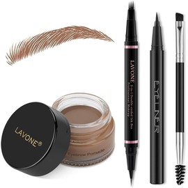 LAVONE Kit de Maquillaje Lápiz de Cejas, Con Lápiz Microblading de Cejas Impermeable 2 En 1, Pomada de Cejas, Delineador de Ojos y Brocha de Cejas de Doble Punta, Kit de Lápiz de Cejas para Cejas Natu