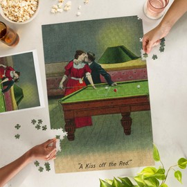 Lantern Press 1000 Piece Jigsaw Puzzle, A Kiss Off The Red, Couple Kissing Before Pool Shot