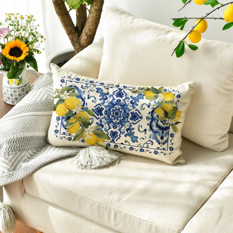 Summer Lemon Throw Pillow Cover, 12 x 20 Inch Blue