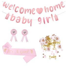 Gender Reveal Party Decoration Pink Welcome Home Baby Girl Flag Baby Shower Decoration Confetti Baby Shower Sash Corsage for Parents Shoulder Strap for Mother Party Decoration