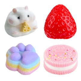 Whimsezbox 4Pcs Taba Squishy Set - Paw+Oreo+Strawberry+ Fluffy Hamster, Fufu Squishy Squeeze Toy Squishes Kit for Stress Relief Sensory Play Fidget Gifts for Adults(B)