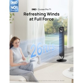 Dreo Tower Fan for Bedroom, 90° Oscillating Standing Fan, 30ft far, 28dB Quiet for Sleep, 6 Speeds, 4 Modes, 12H Timer, 42 Inch, Bladeless, Remote, for Home, Office, Room, Cruiser Pro T1