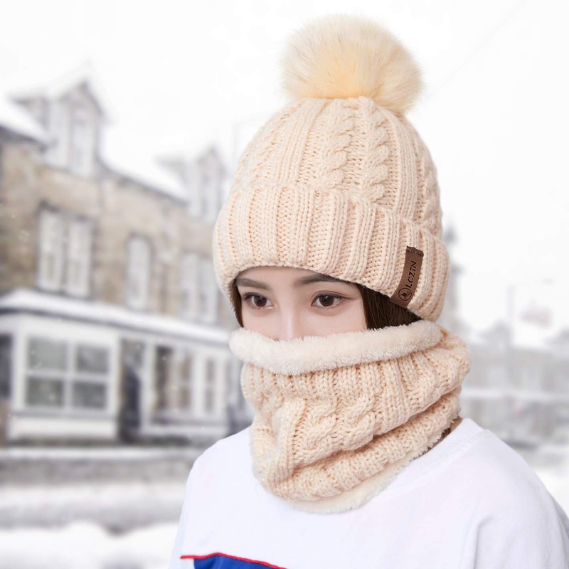 LCZTN Womens Pom Beanie Hat Scarf Set Girls Cute Winter