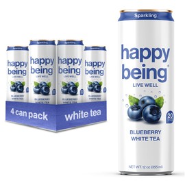 Happy Being Sparkling Nutrient-Rich Blueberry White Tea – Infused with Turmeric, Elderberry, Vitamin D3, Caffeine Free, Plant-Based, Low Calorie & Low Sugar Drinks, 12oz (4 Pack)