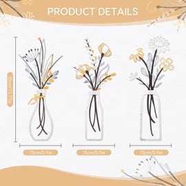 3PCS Metal Flower Wall Decor,Rustic Farmhouse Floral Vase Arts Decors,Minimalist Flower Natural Themed for Living Room,Bedroom,Kitchen,Dining Room Housewarming Gifts (Beige Gold)