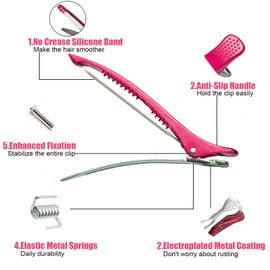 Dkpyt 10 pcs Professional Hair Clips for Styling Sectioning - Sectioning Hair Clips for Styling, No-Crease Silicone Band& Anti-Slip Grip, Hair Cutting Clips for Blowouts, Curling, Coloring （Rose Red）