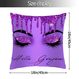 Bapcoku Hello Gorgeous Lashes Makeup Purple Decor Throw Pillow Covers Set of 2 Living Room Cushion Covers 18x18 Inch Farmhouse Home Couch Sofa Bed Decorative
