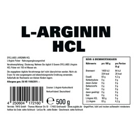 L-Arginin HCL - 500g Pulver Premium L-Arginin Hydrochlorid - durch Fermentation - ohne Zusätze - vegan