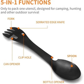 5-in-1 Tactical Spork, Stainless Steel Spoon, Fork, Knife, Bottle & Can Opener, Camping Utensil for Hiking Backpacking - Color: black+silver
