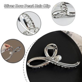 Large Bowknot Pearls Hair Clips for Women 5.6 Bow Hair Accessories - Metal Sliver Jaw Clamp for Long Thick Hair, Girls Hair Styling, Birthday Gift