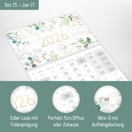 Häfft® 3-Month Calendar 2026 Wall Calendar with Slider, Holidays DE & AT, Year Overview, Office Calendar Wall Planner "Gold Leaf" - Sustainable and Climate Friendly