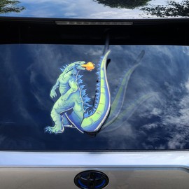 Kaiju Monster Waving Tail WiperTags with Decal attaches to Rear Vehicle Wiper Blades. Made in USA.