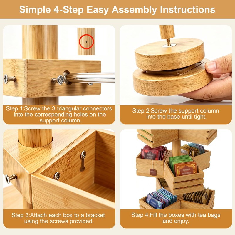 3-Tier Rotating Bamboo Tea Bag Organizer Carousel, Holds 108 Tea
