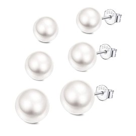 925 Sterling Silver Pearl Earrings, 3 Pairs of Freshwater Pearl Stud Earrings, Freshwater Pearl Earrings for Women, White Pearl Crystals Stud Earrings, Pearl Earrings, Silver, Abalone