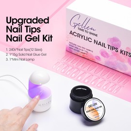 Gellen Nail Tips and Glue Gel Kit Gel Nail Kit with 240Pcs Coffin Shape Half Matte Gel x Nail Tips 15g Solid Gel Nail Glue for False Acrylic Nails Uv Led Lamp Easy Nail Extension Set for DIY Nails Art