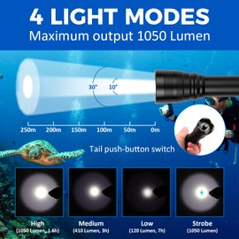 Odepro WD43PRO Dive Light - 1050 Lumens Scuba Diving Light, IP68 Waterproof Submersible Torch with Wrist Strap for Hands-Free Underwater Flashlight
