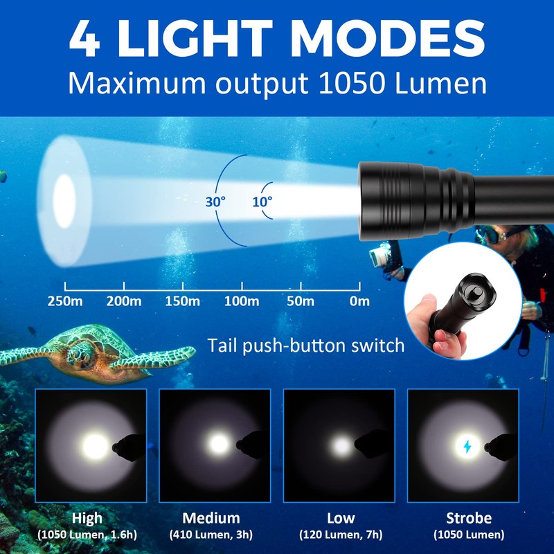 Odepro WD43PRO Dive Light - 1050 Lumens Scuba Diving Light,