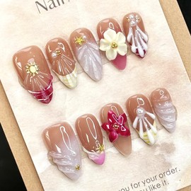 10pcs Handmade Press on Nails Medium Almond Fake Nails with 3D Flower Gold Beads Star Designs French Tip False Nail Summer Fall Acrylic Nails Full Cover Glue on Nail for Women Nail Decoration