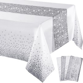 Tablecloth and Sequin Table Runner Set Polka Dots Confetti Table Cover Dining Plastic Table Cloths Glitter Decorations for Birthday Wedding Anniversary Party Supplies (White, Silver, 4 Pcs)