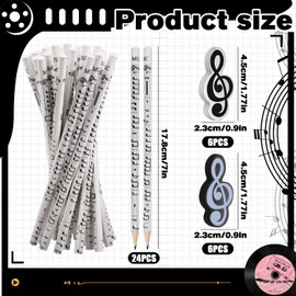 Dncvb 36 Piece Music Note Pens Set, 24 Pencils for Music Notes + Erasers with Music Symbols, Music Motifs Pencils, Pencil Music for Students, Children, Party Gifts, Classroom